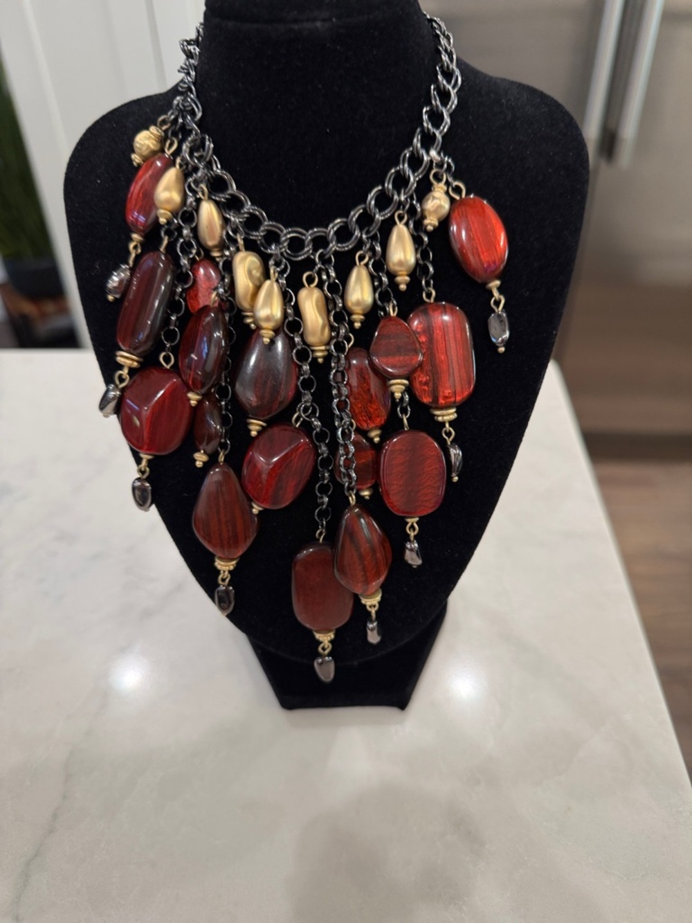 Chico's Red and Gold Multi-Drop Statement Necklace